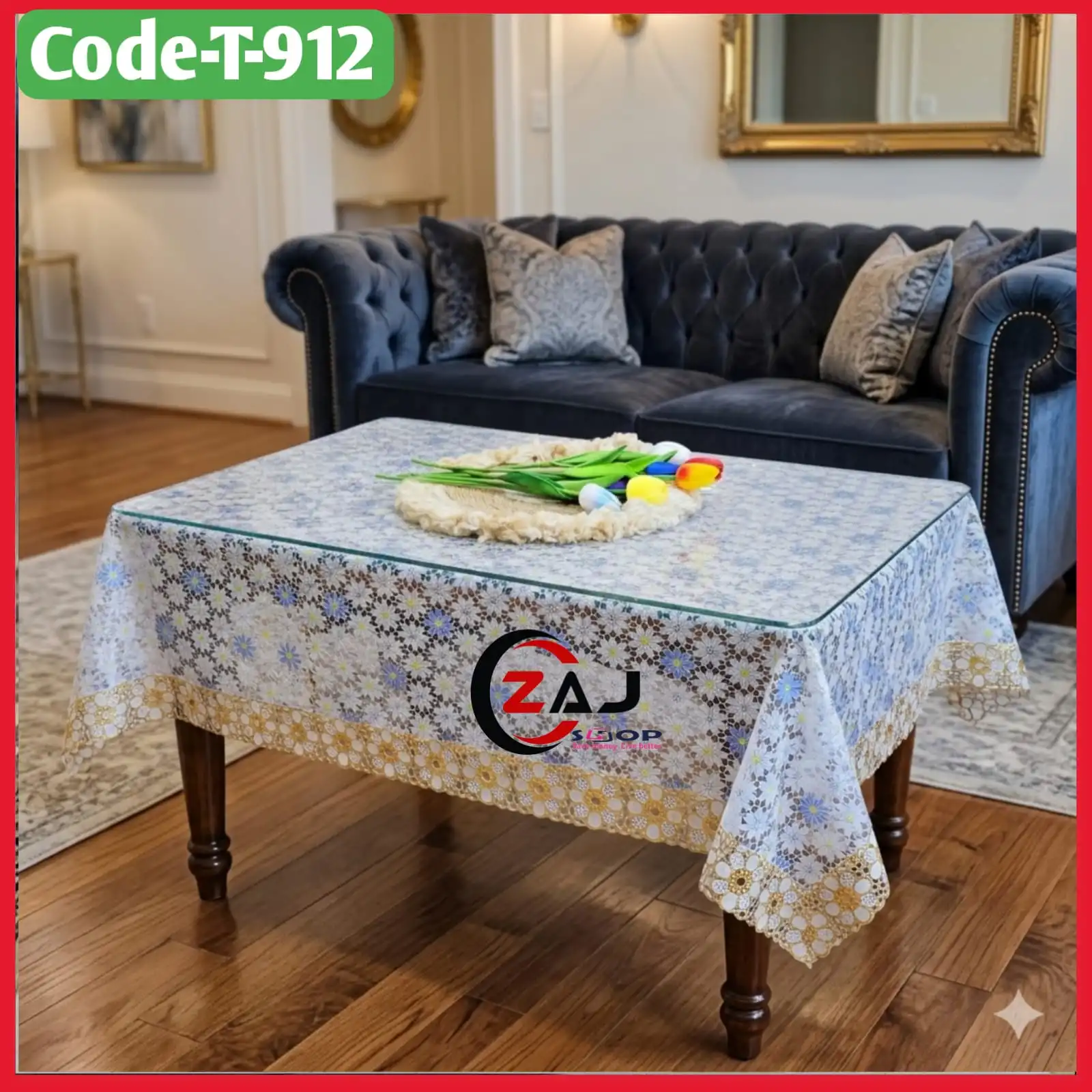 প্রিন্টেড টি-টেবিলের কাভার ম্যাট স্বচ্ছ পরিষ্কার ওয়াটারপ্রুফ কোড - T 912